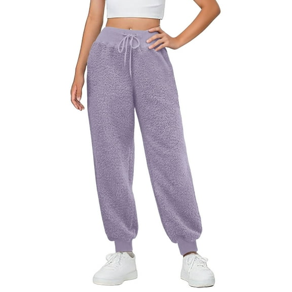 ZHYou Womens Sherpa Sweatpants Fuzzy Elastic Drawstring Waist Soft Warm Joggers with Pockets,Purple,Size XL