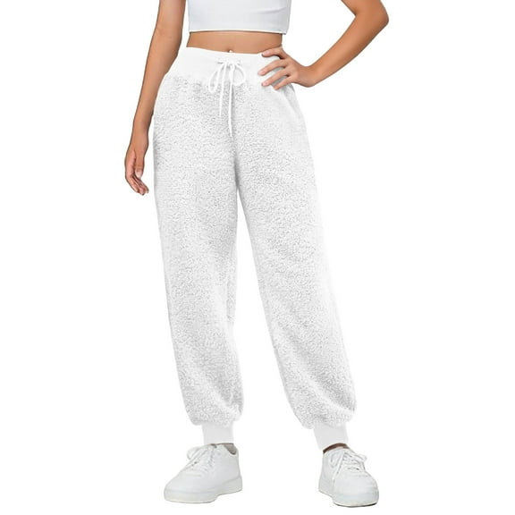 ZHYou Womens Sherpa Sweatpants Fuzzy Elastic Drawstring Waist Soft Warm Joggers with Pockets,White,Size S