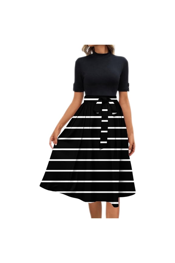 Womens Short Sleeve High Neck Dresses, Black and White Striped Pattern, Belted Waist, Flared Skirt, Casual Midi Dress,Black,L