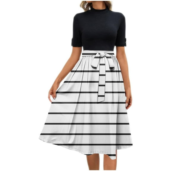 ZHYou No Boundaries Womens Short Sleeve High Neck Dresses, Black and White Striped Pattern, Belted Waist, Flared Skirt, Casual Midi Dress,White,M