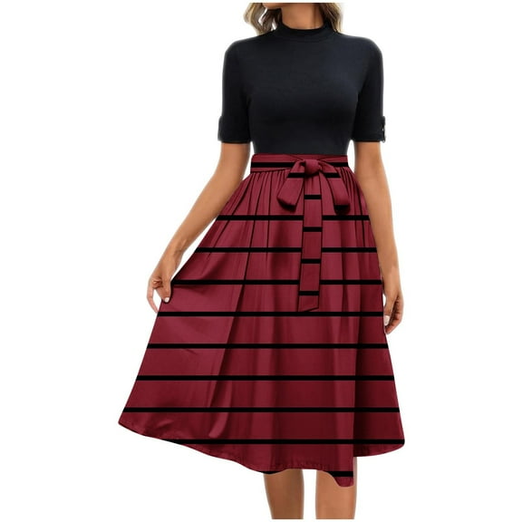 ZHYou No Boundaries Womens Short Sleeve High Neck Dresses, Black and White Striped Pattern, Belted Waist, Flared Skirt, Casual Midi Dress,Wine,2XL