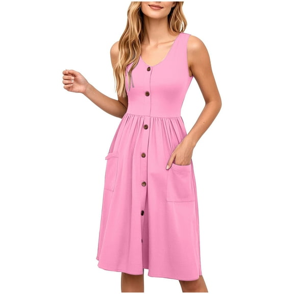 ZHYou No Boundaries Womens Sleeveless Button Front Dresses V Neck A Line Lightweight Casual Midi Dresses with Pockets,Pink,M