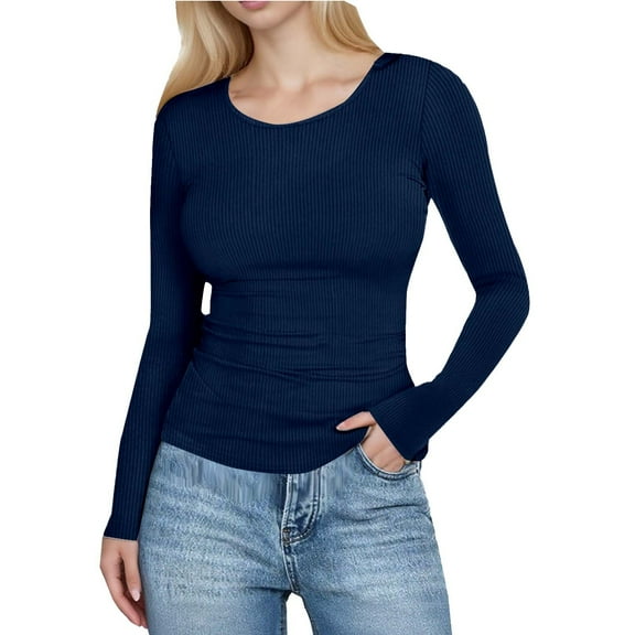 ZHYou Womens Slim Fit Ribbed Knit Long Sleeve Shirts,Crew Neck Basic Tops,Stretchy Comfortable Soft Casual Tees,Navy,Size M