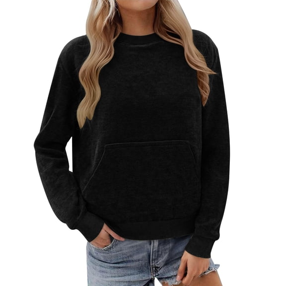 ZHYou Womens Soft Front Pocket Sweatshirts,Casual Pullover Baggy Fit Comfortable Warm Tops,Black,Size L