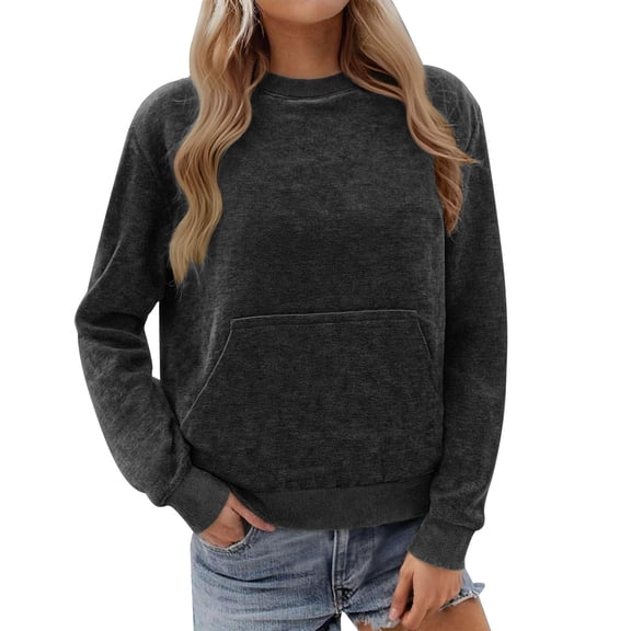 ZHYou Womens Soft Front Pocket Sweatshirts,Casual Pullover Baggy Fit Comfortable Warm Tops,Dark Gray,Size L