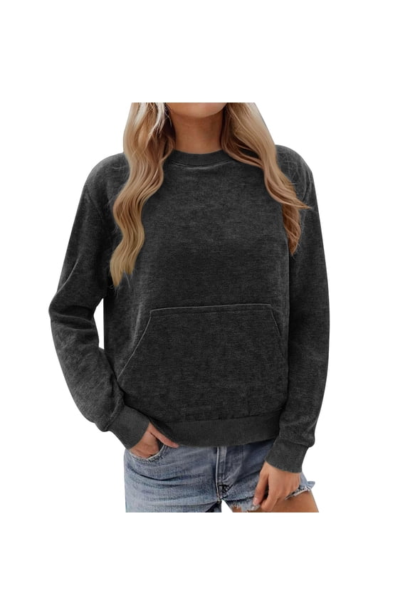 Womens Soft Front Pocket Sweatshirts,Casual Pullover Baggy Fit Comfortable Warm Tops,Dark Gray,Size L
