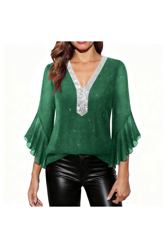 Womens Sparkling Sequined V Neck Bell Sleeves Blouse Stretchy Soft Tops,Green,Size 2XL
