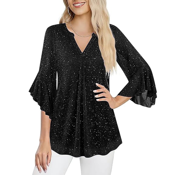 ZHYou No Boundaries Womens Sparkly V-Neck Blouse Tunic Tops Flare Sleeves Loose Fit Flowy Shimmer Party Casual Daily Wear,Black,Size 3XL