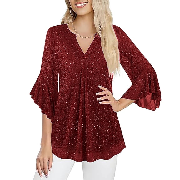 ZHYou No Boundaries Womens Sparkly V-Neck Blouse Tunic Tops Flare Sleeves Loose Fit Flowy Shimmer Party Casual Daily Wear,Wine,Size 5XL
