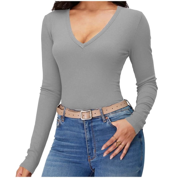 ZHYou No Boundaries Womens Stretchy Knitted Shirts,Long Sleeve Deep V Neck Slim Fitted Basic Tunic Tops,Gray,Size L