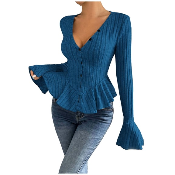 ZHYou Womens Stretchy Ribbed Knit V-Neck Button Front Cardigans,Ruffle Hem Flare Sleeve Blouses Slim Fit,Blue,Size 2XL