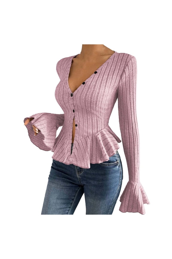 Womens Stretchy Ribbed Knit V-Neck Button Front Cardigans,Ruffle Hem Flare Sleeve Blouses Slim Fit,Pink,Size M