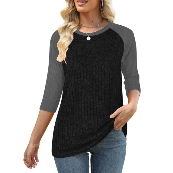 ZHYou Womens Sweaters,Color Block Ribbed Knitted Tee Tops,Slim Fit,Stretchy,Soft Casual Wear Shirts,Gray,Size L
