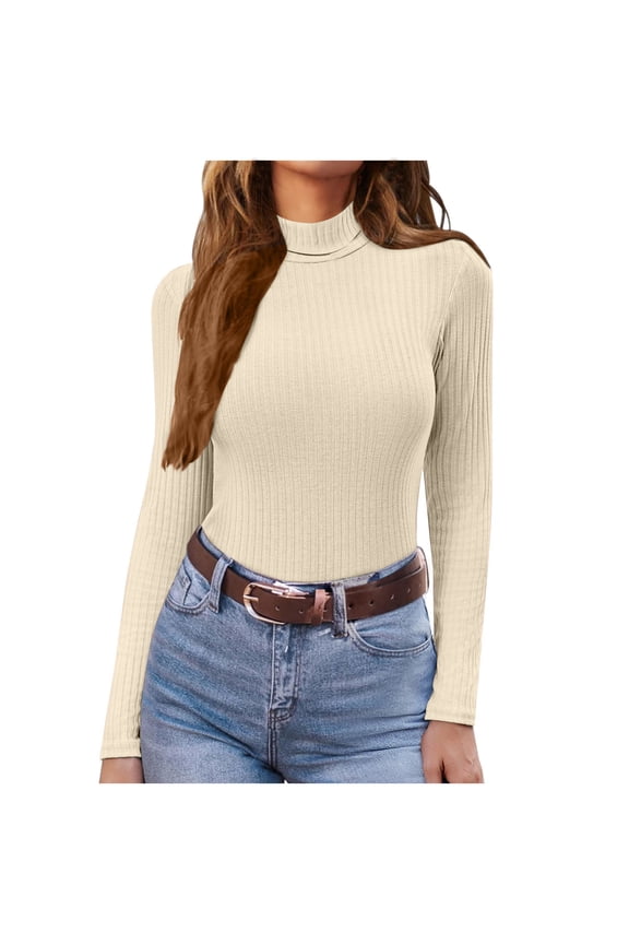 Womens Sweaters,Ribbed Knit,Slim Fit,Turtleneck,Long Sleeve,Stretchy,Basic,Pullover Tops,Beige,Size M