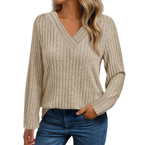 ZHYou Womens Sweaters,V-Neck,Long Sleeve,Ribbed Knit,Slim Fit,Stretchy Soft Comfortable Casual Tops,Beige,Size 2XL