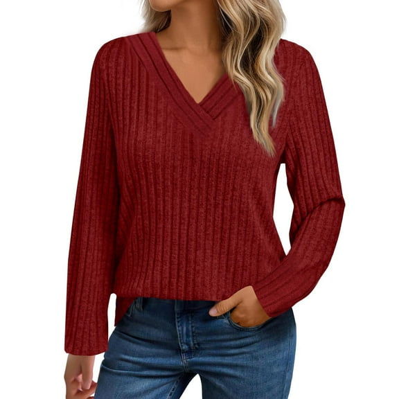 ZHYou Womens Sweaters,V-Neck,Long Sleeve,Ribbed Knit,Slim Fit,Stretchy Soft Comfortable Casual Tops,Wine,Size M