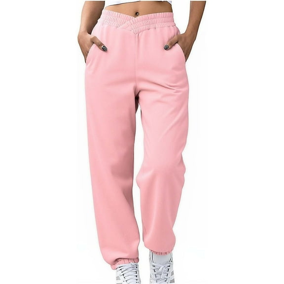 ZHYou Womens Sweatpants,Elastic High Waist Trousers,Crossover Solid Color Loose Fit Cuffed Joggers with Pockets,Pink,Size L