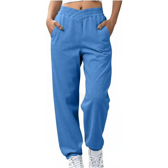 ZHYou Womens Sweatpants,Elastic Waistband,Loose Fit Jogger,Pants with Pockets Solid Color Comfy Streetwear,Blue,Size S