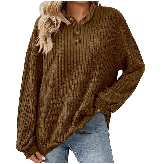 ZHYou Womens Sweatshirts,Ribbed Knit,Pullover,Drawstring,Hood Casual Tops,Soft Warm Hoodies Sweaters,Brown,Size S