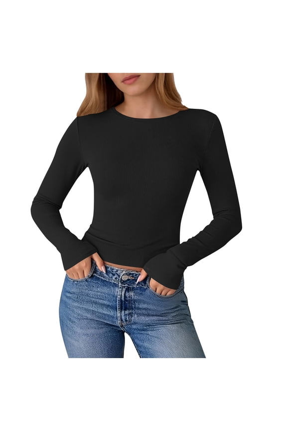 Womens Tops,Ribbed Knit Crop,Long Sleeve,Crew Neck,Stretchy,Form Fitting Casual Basic Tee Shirts,Black,Size L