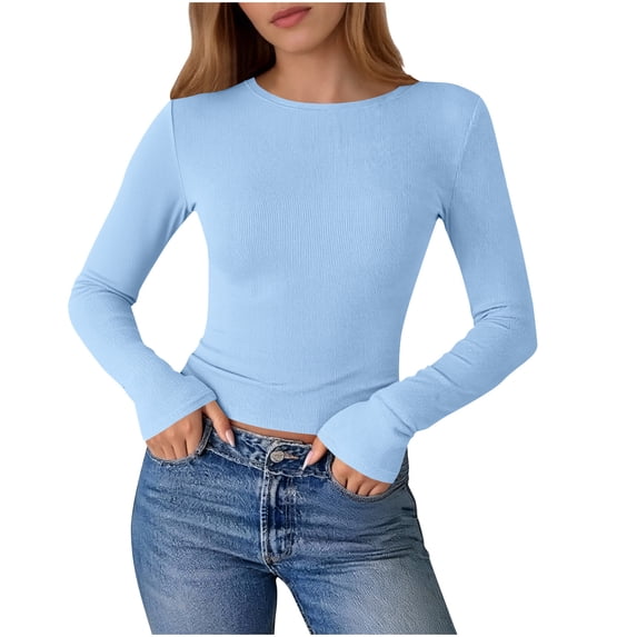 ZHYou Womens Tops,Ribbed Knit Crop,Long Sleeve,Crew Neck,Stretchy,Form Fitting Casual Basic Tee Shirts,Blue,Size L