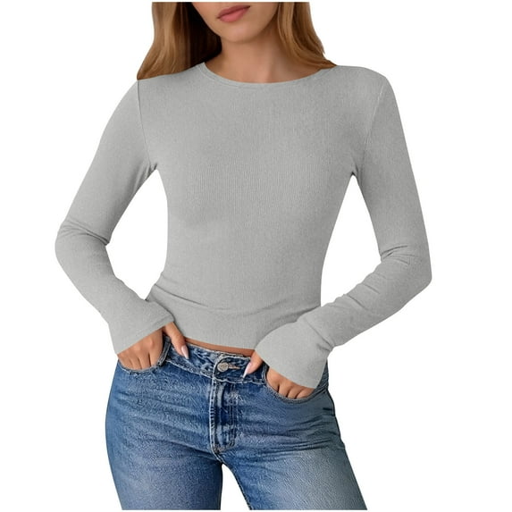 ZHYou No Boundaries Womens Tops,Ribbed Knit Crop,Long Sleeve,Crew Neck,Stretchy,Form Fitting Casual Basic Tee Shirts,Gray,Size 2XL