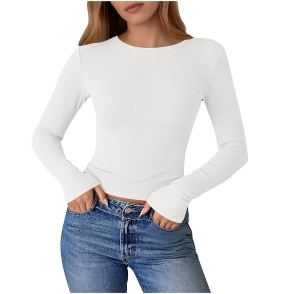 ZHYou Womens Tops,Ribbed Knit Crop,Long Sleeve,Crew Neck,Stretchy,Form Fitting Casual Basic Tee Shirts,White,Size L