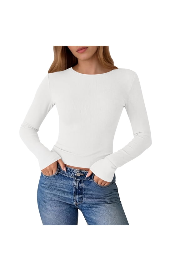 Womens Tops,Ribbed Knit Crop,Long Sleeve,Crew Neck,Stretchy,Form Fitting Casual Basic Tee Shirts,White,Size L
