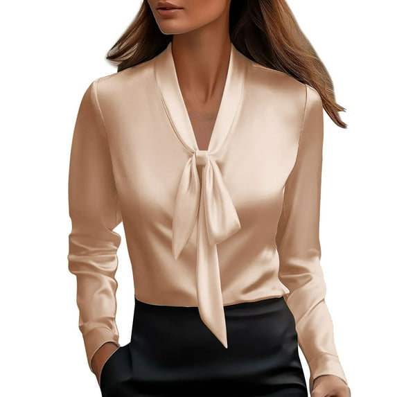 ZHYou Womens Tops,Satin,V-Neck,Tie Front Blouses,Long Sleeve,Work Shirts Office Style Bow Detail Professional Tops,Beige,Size L