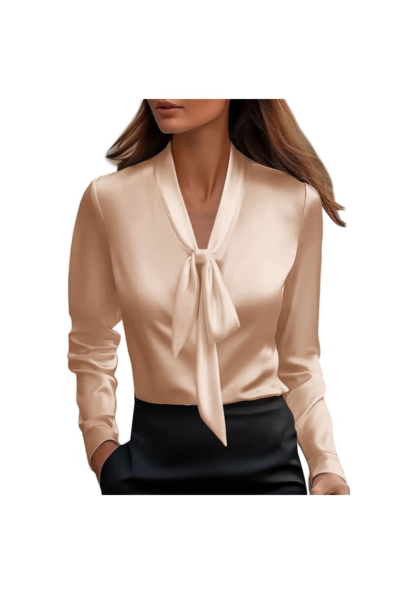 Womens Tops,Satin,V-Neck,Tie Front Blouses,Long Sleeve,Work Shirts Office Style Bow Detail Professional Tops,Beige,Size S