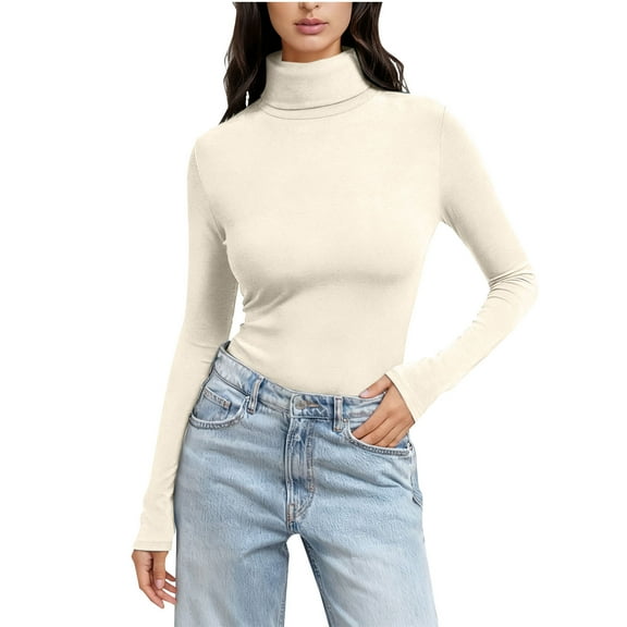 ZHYou No Boundaries Womens Turtleneck Long Sleeve Tops,Slim Fit,Stretch,Basic Tee,Soft Casual Shirts,Beige,Size M