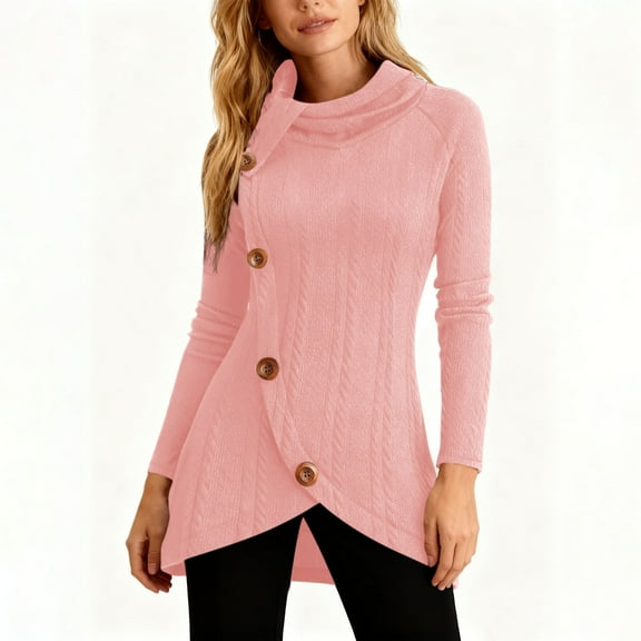 ZHYou Womens Turtleneck Sweaters,Long Sleeve,Cable Knit,Pullover Tops with Buttons,Soft,Warm,Stylish Tunic Tops,Pink,Size M