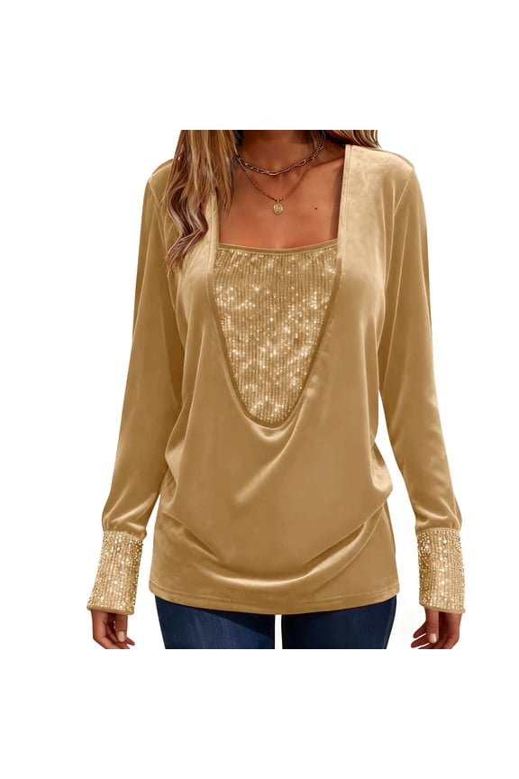 Womens Velvet Square Neck Tops,with Sequin Embellished Yoke and Cuffs Blouse Sparkly Party Shirts,Gold,Size 2XL