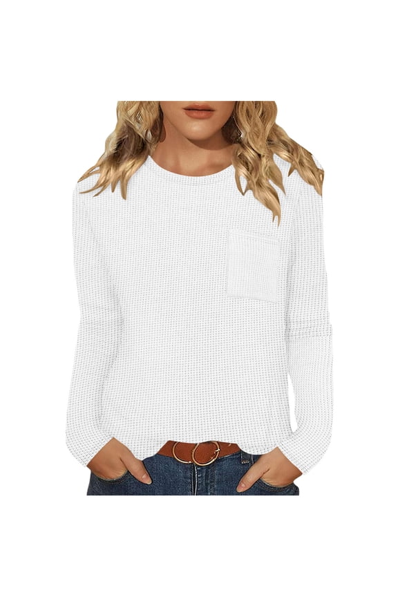 Womens Waffle Knit Tops,Long Sleeve,Crew Neck,Chest Pocket,Casual Tunic Shirts,Soft Textured Basic Tees,White,Size S