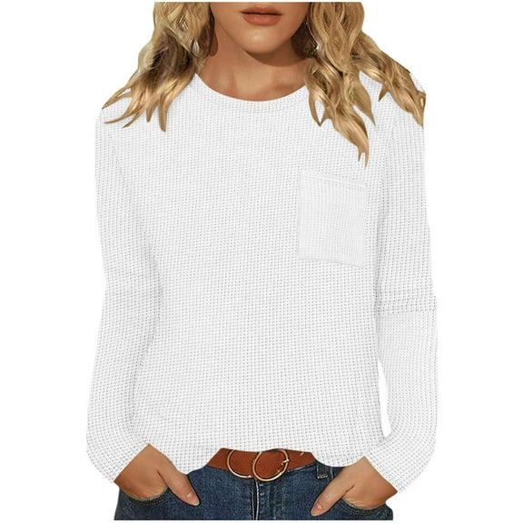 ZHYou Womens Waffle Knit Tops,Long Sleeve,Crew Neck,Chest Pocket,Casual Tunic Shirts,Soft Textured Basic Tees,White,Size XL