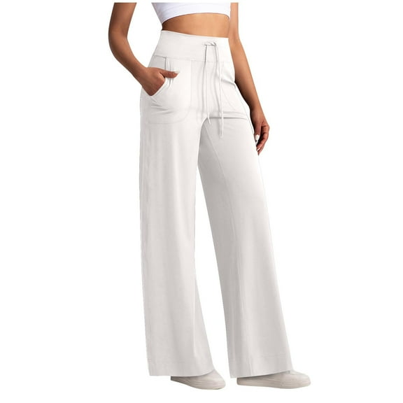 ZHYou Womens Wide Leg Palazzo Pants,High Waist,Drawstring Waist with Pockets,Loose Flowy Trousers,White,Size M
