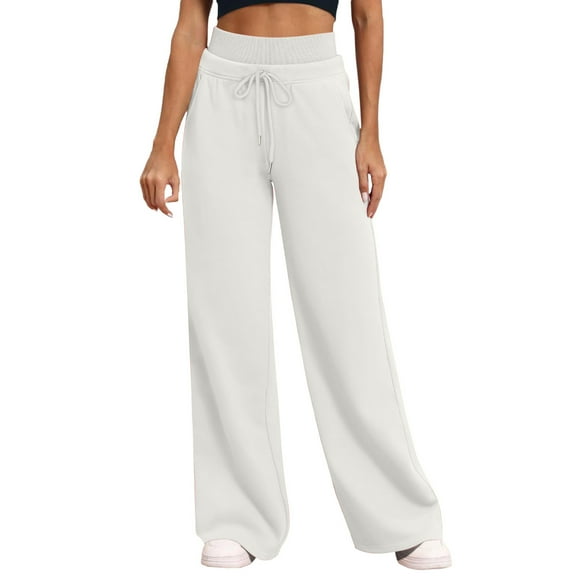 ZHYou No Boundaries Womens Wide Leg Sweatpants,Double Waisted,Drawstring,Baggy Sweat Pants,with Pockets ,White,Size XL