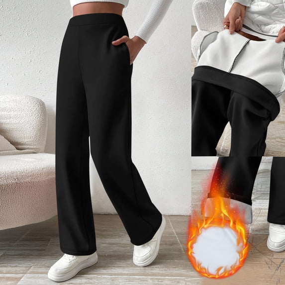 ZHYou Womens Wide Leg Sweatpants,Fleece Lined Warm Thick Elastic Waist Pants,Loose Fit Casual Trousers with Pockets,Black,Size M