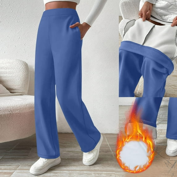 ZHYou Womens Wide Leg Sweatpants,Fleece Lined Warm Thick Elastic Waist Pants,Loose Fit Casual Trousers with Pockets,Blue,Size S
