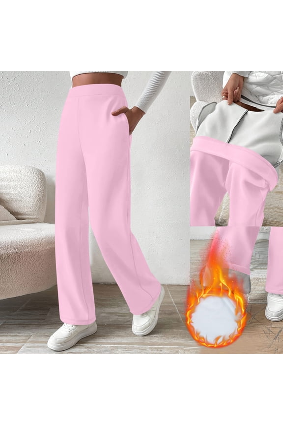 Womens Wide Leg Sweatpants,Fleece Lined Warm Thick Elastic Waist Pants,Loose Fit Casual Trousers with Pockets,Pink,Size S