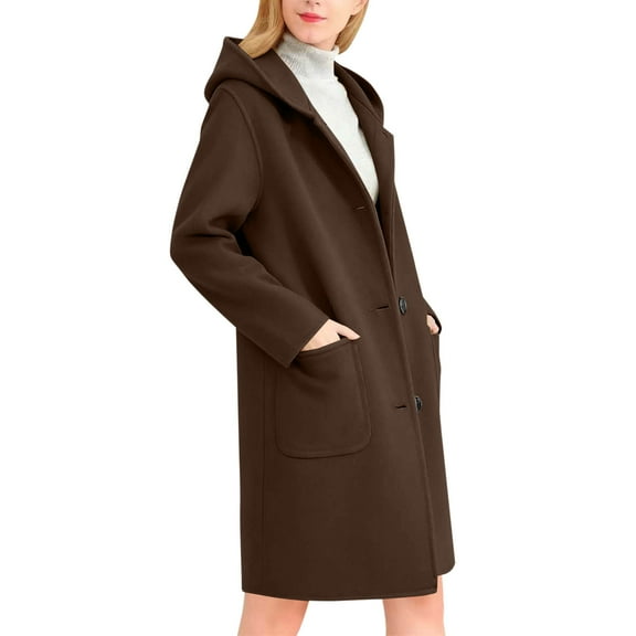 ZHYou Womens Wool Blend Pea Coats,Winter Dressy Overcoat,Single Breasted,Trench Thick Warm Hooded Jackets,Brown,Size:L