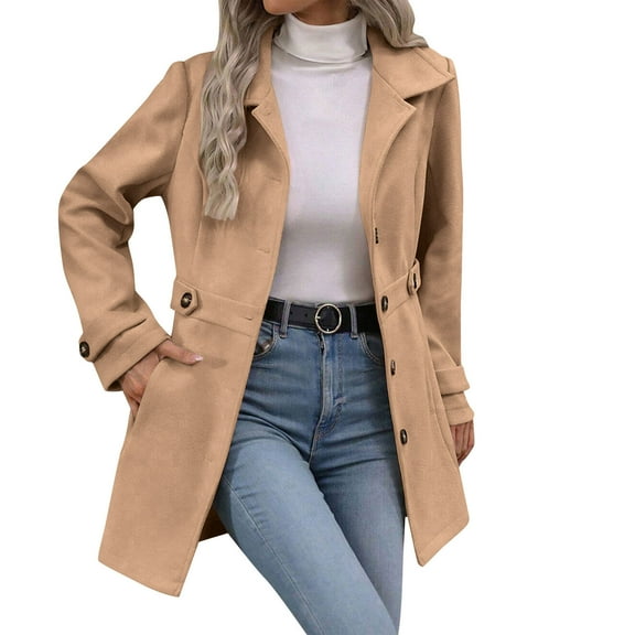 ZHYou Womens Wool Blend Trench Coat,Single Breasted Belted Overcoat Jacket,Classic Winter Outerwear with Tailored Fit,Khaki,Size:M