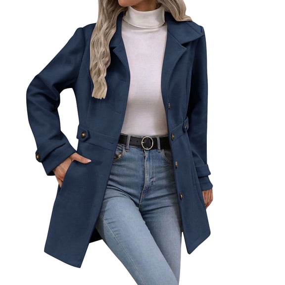 ZHYou Womens Wool Blend Trench Coat,Single Breasted Belted Overcoat Jacket,Classic Winter Outerwear with Tailored Fit,Navy,Size:2XL