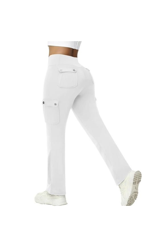 Womens Workout Flare Leggings,Hidden Scrunch,High Waisted Cargo,Gym Yoga Pants,No Front Seam Leggings with Pockets,White,Size L