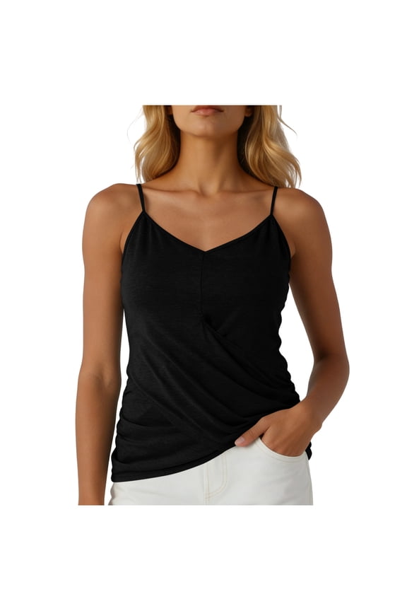 No Boundrie Camisole Tops for Women V Neck Spaghetti Strap Wrap Front Ruched Loose Fit Casual Summer Tank Tops Black Size L