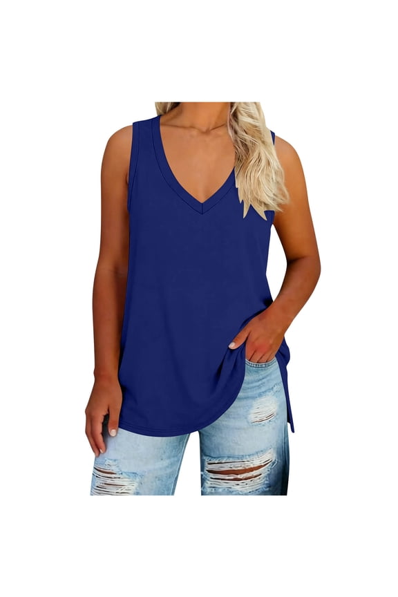 No Boundrie Plus Size Tank Tops for Women Deep V Neck Sleeveless Casual Loose Split Hem Pullover Summer Fashion Tops Blue Size XL