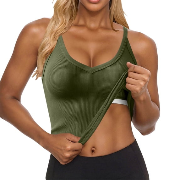 ZHYou No Boundrie Women's Ribbed Tank Tops with Built-in Bra Slim Fit Racerback V Neck Workout Crop Tops for Yoga Running Army Green Size M