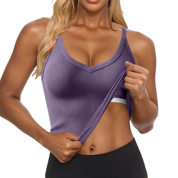 ZHYou No Boundrie Women's Ribbed Tank Tops with Built-in Bra Slim Fit Racerback V Neck Workout Crop Tops for Yoga Running Purple Size M