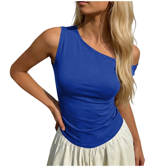ZHYou No Boundrie Womens Asymmetrical One Shoulder Tops Sleeveless Slim Fit Ruched Casual Summer Going Out Tank Tops for Women Blue Size L
