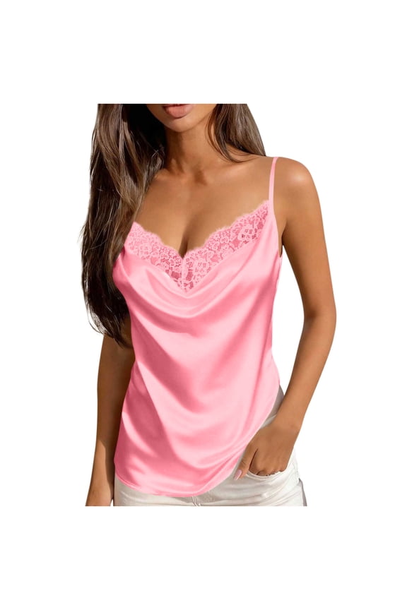 No Boundrie Womens Cowl Neck Satin Cami Tops Lace Trim Spaghetti Strap Silk Camisole Blouse Casual Summer Tank Tops for Women Pink Size M
